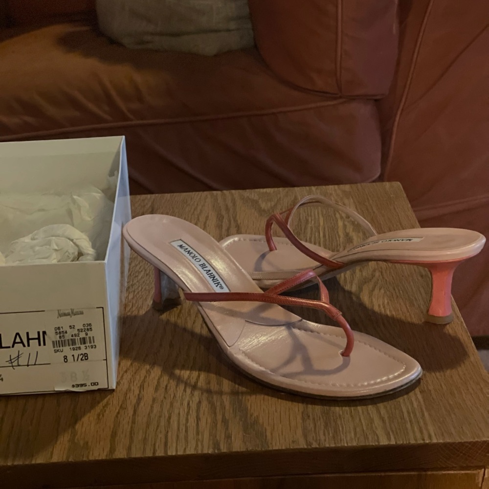 Manolo Blahnik coral kitten heel slides